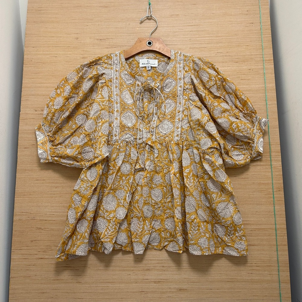 The Fox and the Mermaid Venice Mustard Yellow Floral Block Print Blouse Small